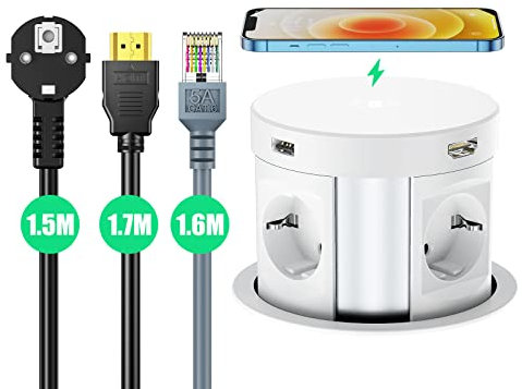 Regleta Enchufes Protección Sobretensión, Regleta Vertical de 4 Tomacorrientes y 2 Rápida USB + 1 RJ45 + 1 HDMI, Enchufe Multiple Torre Enchufes, Enchufe Emergente 5W Carga Inalambrica, 3680W/16A