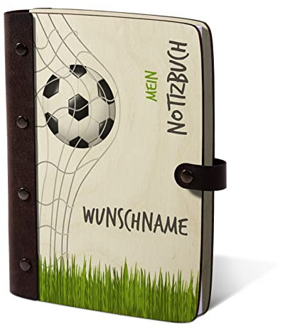 Kartenmachen.de Kinder Notizbuch Tagebuch individuell Birkensperrholz Cover mit UV-Druck mit Echtleder Rücken 72 Blätter | 144 Seiten DIN A5 hoch 158 x 222 mm - Fußball