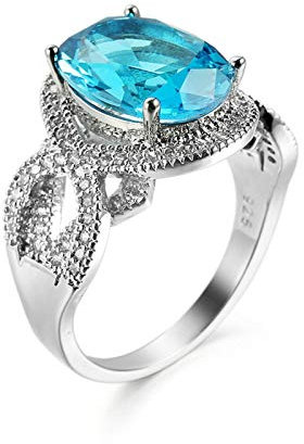 Banemi Ring Damen Freundschaft, Ring Frau Versilberter Blau Zirkonia Oval Damen Hochzeitsband Größe 62 (19.7)