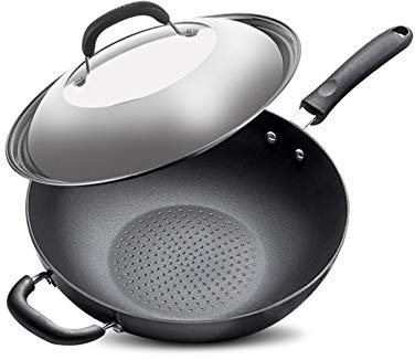 Liudan Bratpfanne Nichtstick Pfanne - Bratpfanne mit Deckel - 32cm Flachboden Leichter ärgeröl Rauch Wok Allgemeine Zwecke für Gasbrenner-Induktionskocher Pfannen