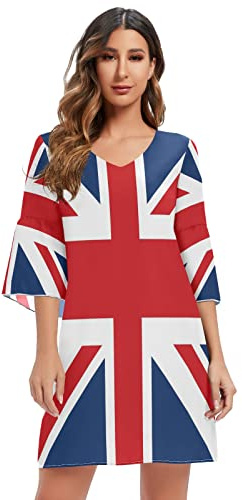 Mnsruu Mini robe décontractée en mousseline de soie à manches 3/4 et col en V Motif drapeau britannique, Multicolore, L-XL