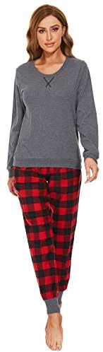 Mnemo Pyjama Femme Ensemble Pyjama a Carreaux Pyjama Coton Femme Carreaux Pyjama Femme Coton Manches Longues, Grille Rouge et Noire, XL