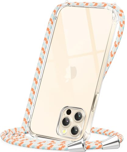CAROKI for iPhone 12 Pro Max Clear Crossbody Phone Case with Adjustable Cord Strap TPU Soft Protective Cover Neck Lanyard Shockproof & Hands-Free Carrying-Orange Blue