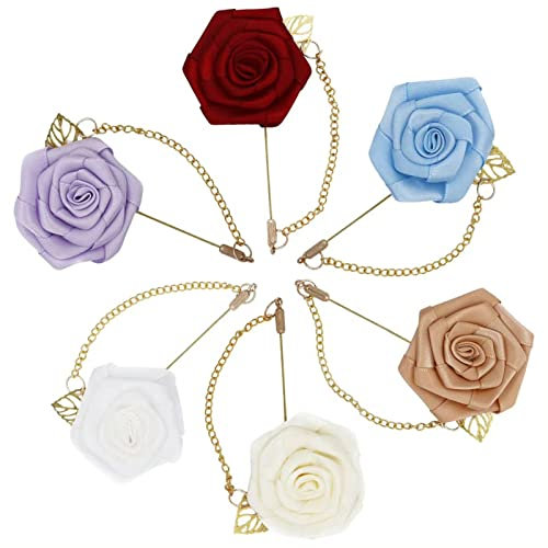 6 Stück Anstecker Hochzeit, Ansteckblume Herren Frau, Künstliche Blumen Broschen, Anstecker Pin mit Goldene Lange Kette, für Hochzeit Abschlussball Bankett Party