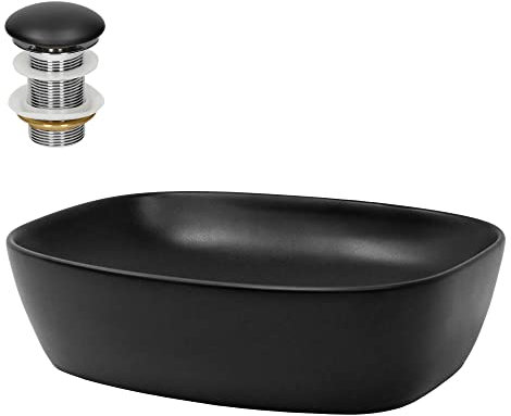 ML-Design Lavabo en Céramique Noir Mat 505x385x140 mm avec Garniture de Vidage 1 1/4 Universelle, Coins Arrondis, Vasque á Poser Moderne, Évier Lave-Mains pour Salle de Bain, Toilettes et WC Invités