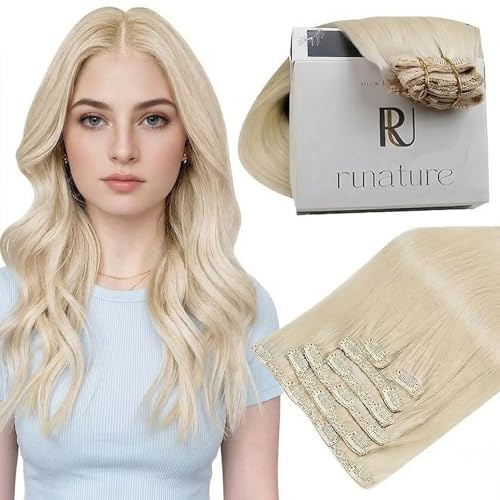 RUNATURE Clip in Extensions Echthaar Weißblond 40cm/16 Zoll Clips in Remy Haarverlangerung 120g Clip in Kurz Extensions Clip in Echthaar Gerade Farbe #800