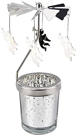 Surakey Windlicht Teelichtkarussel aus Glas Teelichthalter,Silber Karussell Teelichter Kerzenhalter,Motiv Engel Windlichter Teelicht Kerzen Halter Geschenk Dekoration für Hochzeit,Weihnachten