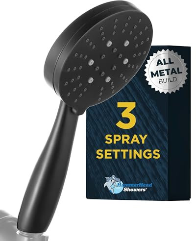 HammerHead Showers® ALL METAL 3-Spray Hand Held Shower Head, Matte Black | Select from Wide, Massage, and Mist Sprays | 2.5 GPM High Flow Handheld Showerhead | Made from 304 Stainless Steel
