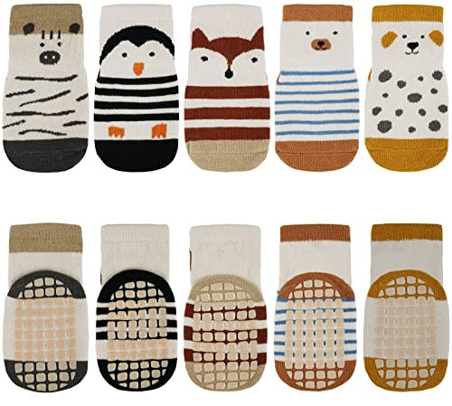 Vicloon Chaussettes Antidérapantes Bébé,5 Paires Chaussettes Bébé Coton 100%,avec Fond en Silicone Antidérapantes,Unisexe,Convient aux Bébés de 0+ans