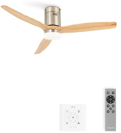 CREATE / WINDCALM/Ventilador de techo ABS con luz níquel efecto aspas madera clara con controlador y mando / 40W, Temporizador Ø132 cm, 6 velocidades, 3 temperaturas de luz, función verano-invierno