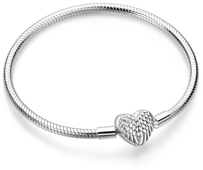 Symretie Schlangen Gliederarmband mit Herz Verschluss,Damen Basis Charm Armband 925 Sterling Silber,Metall Armbänder für Bead Charms,Moments Armkette