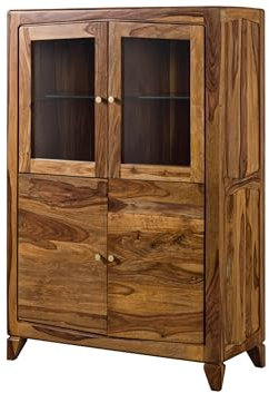 MASSIVMOEBEL24.DE | Ancona Highboard aus Massivholz #130 | aus Sheeshamholz - braun, lackiert | 8 Fächer | 100 x 45 x 150 cm | Wohnzimmerschrank mit Glastüren und Glasböden