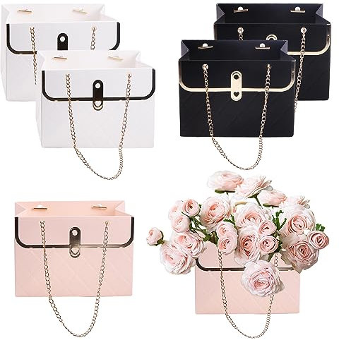 6 Stück Blumen Geschenktüten Papier Handgemachte Blumenkorb Tragbare Blumen Geschenk Wrap Taschen mit Griff Blumen Geschenk Tasche für Geburtstag Valentinstag (Weiß, Schwarz, Rosa)
