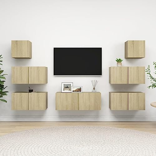 Annlera 7-TLG. TV-Schrank-Set Sonoma-Eiche Holzwerkstoff Wohnwand Holz Tv Lowboard Holz Tv Unterschrank Wohnzimmer Möbel Schlafzimmer Möbel Tv Lowboard Hängend Wohnwand Modern Tv Schrank Tv Cabinet