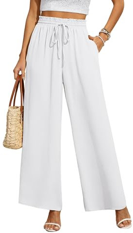 BEIGAI Damen Hosen Weite Lose Gerade Geschnitten Palazzo Hose Hohe Taille Dehnbar Lounge Elegante Hose mit Taschen,Weiß,2XL