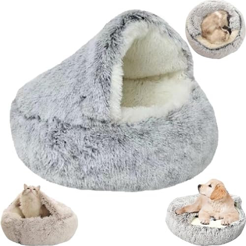 EHOTER Cozy Cocoon Lit d'hiver pour animal de compagnie, chien, chat - Lit couvert pour chien et chien de petite taille - Lit confortable pour animal de compagnie (60 x 60 cm, gris longue peluche)