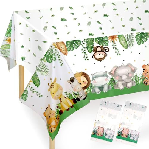 Tischdecke Geburtstag, Safari Dschungel Einweg Tischdecke, 2 Stück Party Tischdecke Wasserdicht, Rechteckig Tischdecke für Geburtstag Party, Hochzeit, Babypartys, Picknick, Weihnachten (137 x 274cm)