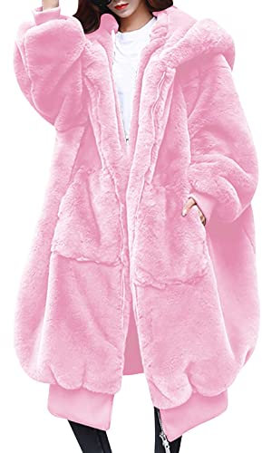 Azruma Mantel Damen Winter Elegant Brautjacke Ivory Strickjacke Damen Lang Echtfell Westen Damen Frauen Elegant Faux Pelz Lang Revers Mantel Winter Herbst Warm Fellmantel Mit Tasche (4-Pink, M)