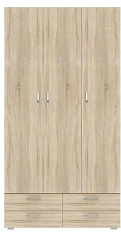 Italo Eleganter Schrank in Oak Sonoma, 5 Regalbretter, 4 Schubladen, 3 Türen, 110,7 x 214 x 51,9 cm, Zeitloses Design, Organisator für Ihr Zuhause!