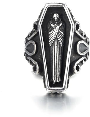 GTHIC Vintage Sargform Vampir Ring Gothic Ringe für Männer Frauen Edelstahl Statement Biker Ringe Schmuck Geschenk Silber Größe 7