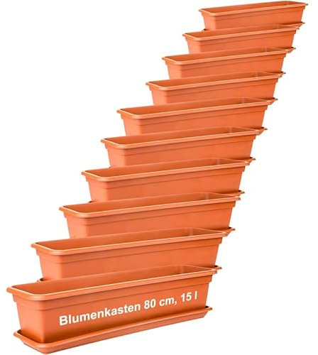 LIVINJA Blumenkasten Set 80cm, Terracotta â€“ 10er-Set Balkonkästen mit Untersetzer, Hochwertiger Kunststoff, EU