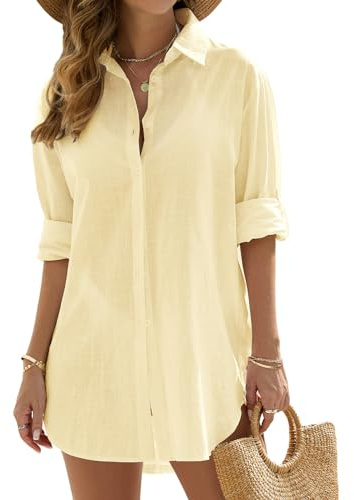 Vancavoo Women's Beach Cover Up Shirts Bikini Coverups Swimsuit Beach Dress Cotton Button Down Casual Long Sleeve Beachwear Loose Cardigan Blouse Tops Swimwear(Light Yellow,S)