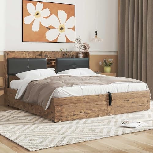 Azkoeesy Polsterbett 180 x 200 cm mit Stauraum bettkasten und Schubladen, Gepolstertes Kopfteil mit Klappen, Metallgestell, Nachttisch, Industriedesign, Braun