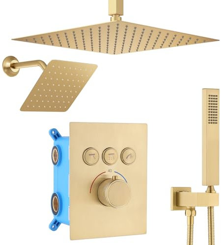 Delnet Dual Shower Heads Shower System with 12 Ceiling Mounted Rain Shower Head & 6 Wall Mounted Head Full Body Shower Set 3 Way Thermostatic Shower Valve Can All Use Together, Brushed Gold