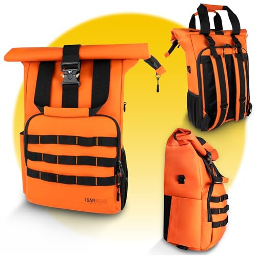 Isar Gear® Rolltop Kamerarucksack 50l aus wetterfestem Material - Großer Fotorucksack und Reiserucksack in Orange für Herren & Damen - Outdoor Rucksack mit Laptopfach für Arbeit, Sport und Wandern