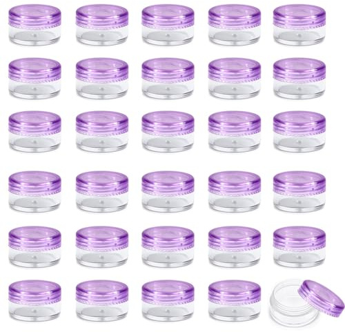 Lot de 30 petits pots à échantillons, 3 g avec couvercles, conteneurs vides pour baume à lèvres, mini récipients cosmétiques avec couvercles, récipients de voyage pour maquillage (violet transparent)