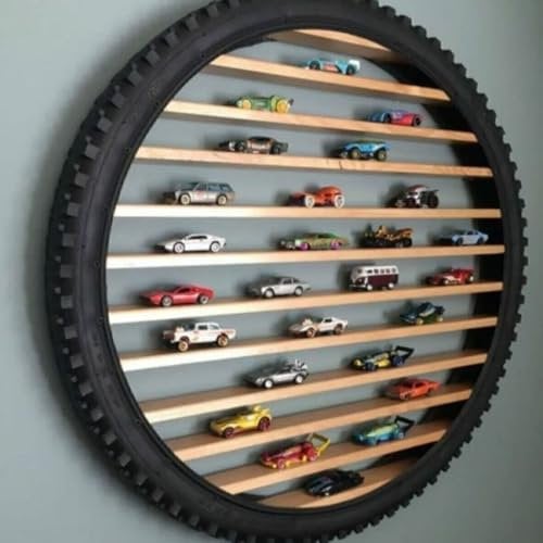 Jungengel Wandregal Spielzeugauto 50cm Sammlerkasten Reifen & Holz Ausstellungsständer NEU