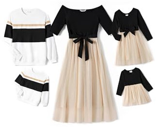 PATPAT Familien Outfit Set Langarm - Partnerlook Mutter Tochter Kleid Langarm T-Shirt & Mutter Kind Kleider Mama Tochter Kleidung für Herbst & Frühling, Schwarz, Baby Mädchen: 12-18 Monate