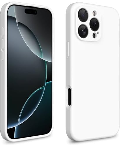 CALOOP Slim-Fit for iPhone 16 Pro Max Case,Skin Soft Liquid Silicone,Sturdy Hard Frame Shockproof Cover with Anti-Scratch Microfiber Lining,Full Protection for Screen and Lens,6.9 inch,White