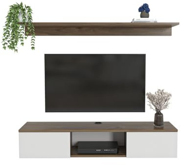 DECOROTIKA - Elia Floating Wall Mounted TV Stand with Included Wall Shelf Unit (Walnut and White)