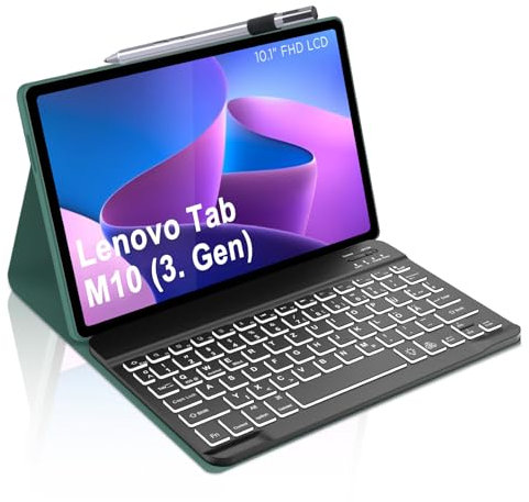 Occtingkind, Keyboard for Lenovo M10, Case with Keyboard for Lenovo Tab M10 (3rd Gen) Tablet 2023 10.1 Inch, Magnetic Removable Bluetooth Keyboard, QWERTZ, USB C, Backlight, Dark Green