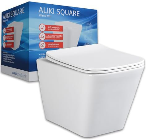 sanicomfort Hänge WC Set Aliki Square – Spülrandloses, Hygienisches Wand-WC Tiefspüler aus Hochwertiger Sanitärkeramik in Weiß, Kompakt, Modern inkl. Soft-Close WC-Sitz