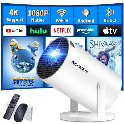 Mini Beamer 4K Projektor Full HD 1080P mit WiFi 6 und Bluetooth 5.2, Android Tragbarer Projektor 270° Dreh mit Automatische Trapezkorrektur für PC/HDMI/USB,mit Maus und Fernbedienung, Weiß