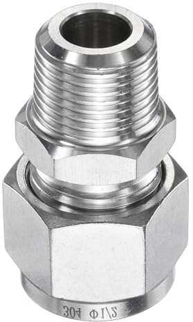 sourcing map Compression Fitting 1/2 Tube OD x 3/8 PT Male Thread Stainless Steel Straight Coupler Adapter Compression Tube Pipe Fitting Connector for Oil Gas Water