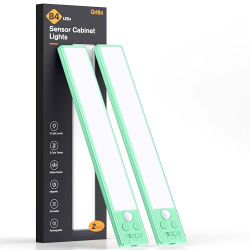 Gritin Lampe de Placard- 84 LED Super Lumineuses,3 Couleurs&5 Luminosités,4 Modes,Capteur de Mouvement, Rechargeable 1800mAh Longue Durée -Installation Facile Lampe d'Armoire Magnétique,Bleu Vert