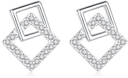 Estrellique 925 Sterling Silber Ohrstecker, Silber Klein Schleifen Ohrringe, Unregelmäßige Quadrat Perlen Ohrstecker für Damen, Quadrat Stecker mit Zirkonia, Hypoallergen Einfache Ohrschmuck Geschenke