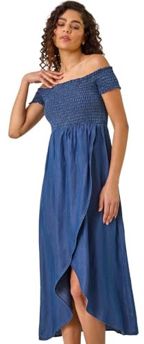 Roman Originals Bardot Dress for Women UK Ladies Shirred Chest Off Shoulder Cold Shoulder Maxi Midi Summer Beach Holiday Sleeveless Garden Cocktail Party Elasticated - Denim - Size 10