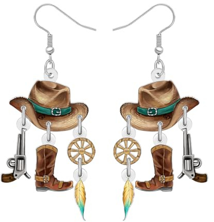 NEWEI Acryl Fun Klassische Western Cowgirl Hut Stiefel Ohrringe Hängend Outfit Geschenke für Damen Mädchen Cowboy Ohrringe Charm Schmuck für Rodeo Liebhaber Länder Musik Festival