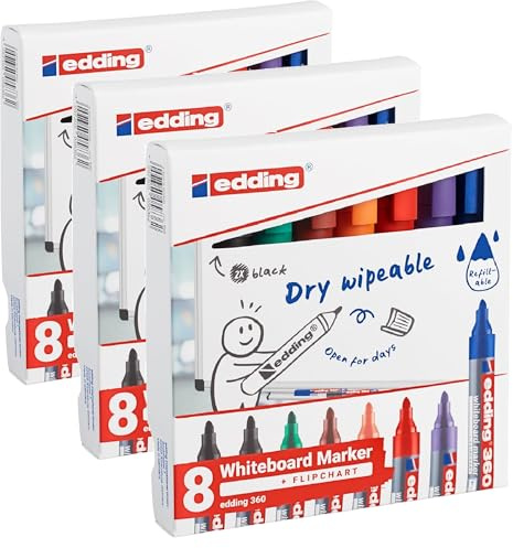 edding 4-360-8 8er Set Boardmarker, nachfüllbar, 1.5-3 mm, sortiert, 8 Farben: schwarz, rot, blau, grün, gelb, orange, braun, violett (3x 8 Farben Sortiert, 3x 8er Set)