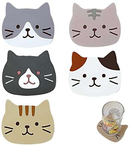 OZNXWRYY 5 Stück Silikon Untersetzer Katze, rutschfest hitzebeständig Tischschutz 250°C, Katzenform, Glasuntersetzer für Heiß- und Kaltgetränke, spülmaschinenfest und dekorative
