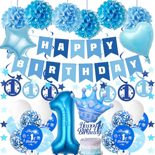 Geburtstagsdeko 1 Jahr Junge Luftballon - 35 Stück Blau Happy Birthday Banner Girlande Tortendeko Wirbel Riesen Folienballon Zahl 1 Balloon Papier Pompons For 1 Geburtstag Junge Deko Party