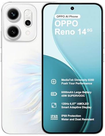 OPPO Reno14 5G 12+256GB, Smartphone ohne Vertrag, Dimensity 8350 Simlockfreies AI Handy Android, 50+8+50MP AI Kamera, SUPERVOOC 80W, 6000mAh Akku, 120Hz 6,59 AMOLED Schirm, IP69, 4K-Video, NFC, Weiß