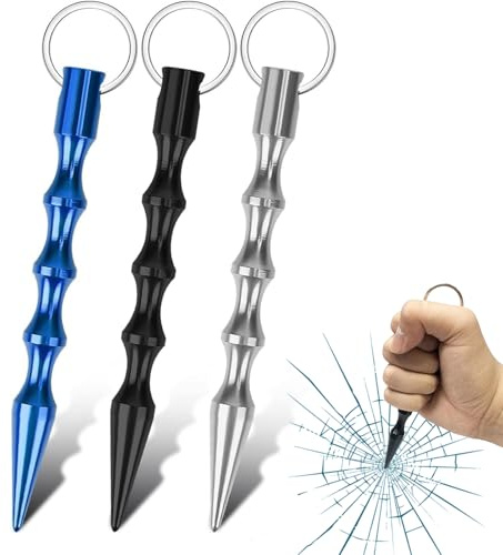 3er Set Selbstverteidigung Emergency Hammer & Kubotan – Legale Selbstverteidigungswaffen Für Frauen Als Schlüsselanhänger, Tragbar, Robust Und Langlebig In Silber, Blau Und Schwarz