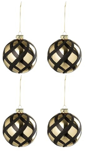 J-line Weihnachtskugel Kariert - Glas - Gold/Schwarz - 4er-Set