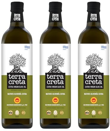 Terra Creta g.U. Extra natives Olivenöl aus Kreta - 3 x 1 Liter FL + EDESMA | Mit 50 ml EDESMA BIO Olivenöl extra nativ - Kaltgepresste Olivenöle mit fruchtigem Aroma der Koroneiki Oliven - 1. Güteklasse