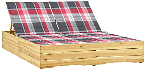 Frdhee Gartenliege, Campingliege, Gartenliege, Relaxliege, Liegesessel, Doppel-Sonnenliege mit Auflagen Kiefernholz Imprägniert Für Balkon, Terrasse, Urlaub, Robust